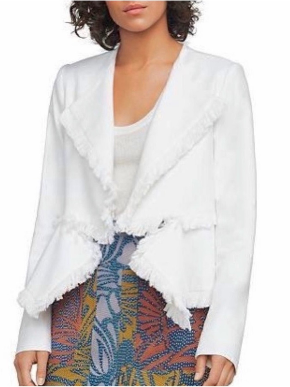 BCBGMaxAzria White Frayed-Trim Open Front Blazer